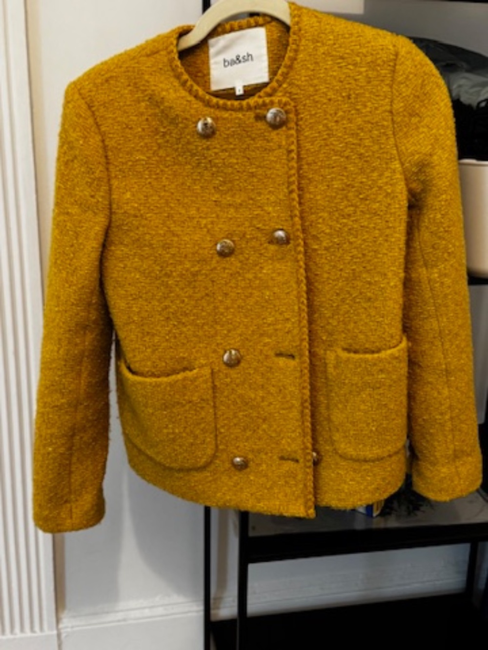 Ba&Sh Joe Double-Breasted Tweed Blazer in Yellow Wool Size XS